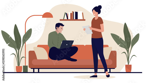 Young couple using computer, devices and screens at home in sofa relaxing. Domestic life and digital leisure activities concept in flat design vector illustration with white background