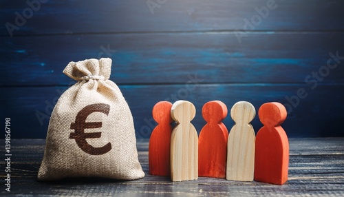 People figurines and euro money bag. Compensation payments. Providing money, paying salaries and grants. Social assistance. Financial support.
