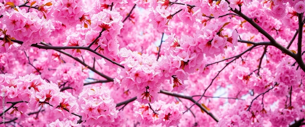 A vibrant pink backdrop overflowing with delicate cherry blossoms in full bloom, design, spring background A vibrant pink backdrop overflowing with delicate cherry blossoms in full bloom, design, spring background