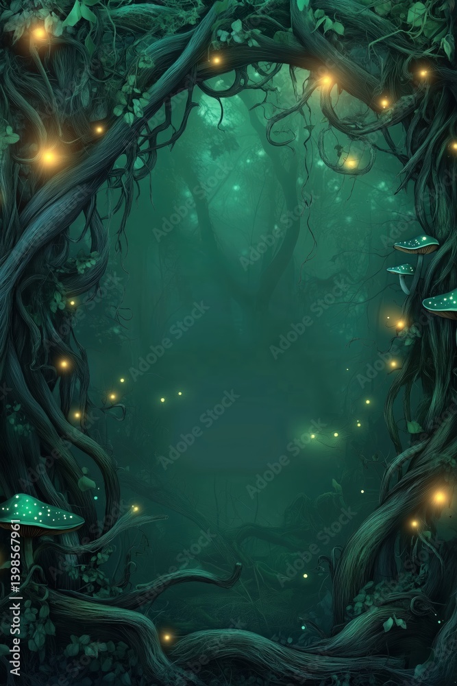 Fairytale forest border with roots, fungi, and soft forest light Fairytale forest border with roots, fungi, and soft forest light