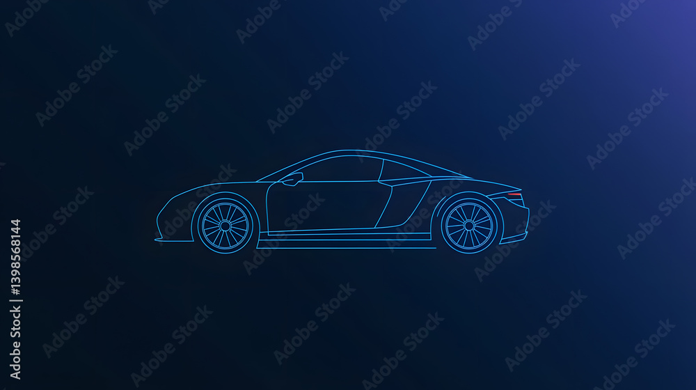 Naklejka premium Neon Car Blueprint: A sleek, modern sports car is captured in a minimalist blueprint style, rendered in vibrant neon against a dark background.