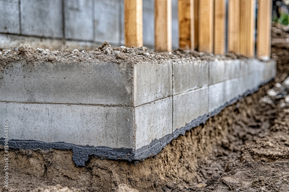 New concrete block construction landscape design and home basement built at ground level
