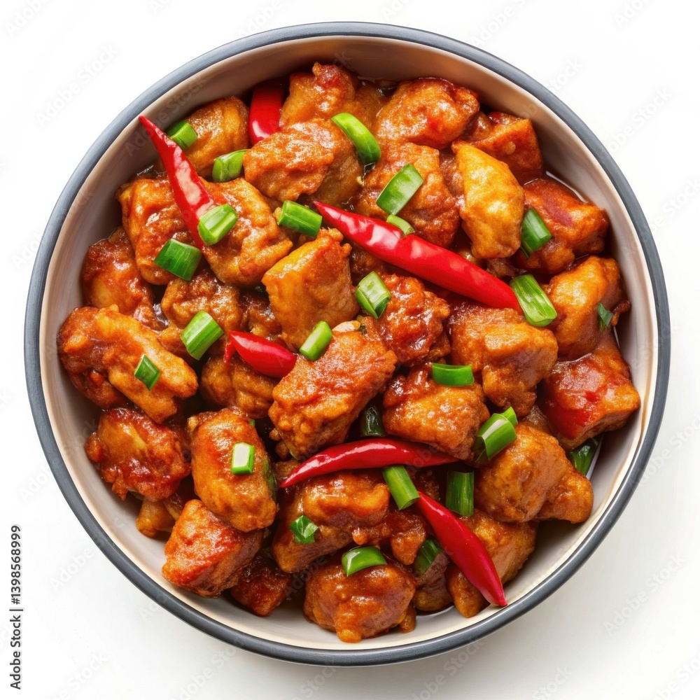 Spicy Chicken Chili Dish in Bowl vibrant red sauce overhead shot Spicy Chicken Chili Dish in Bowl vibrant red sauce overhead shot