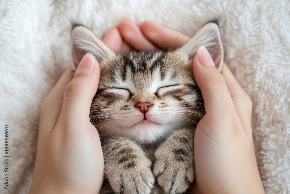Close up of hands cradling a sleeping smiling cat in pastel colors and minimalistic style Close up of hands cradling a sleeping smiling cat in pastel colors and minimalistic style