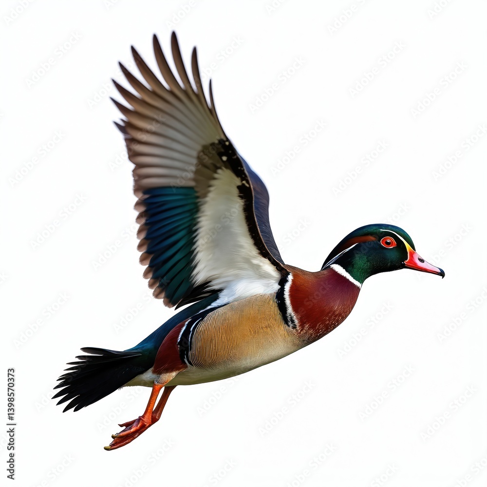 Obraz premium Male wood duck drake in flight on white background. Colorful plumage features red blue purple green chestnut colors. Details of under wing feathers visible. Wildlife, birding and ornithology.