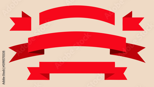 Illustration of three red banners with different shapes on a light beige background design element
