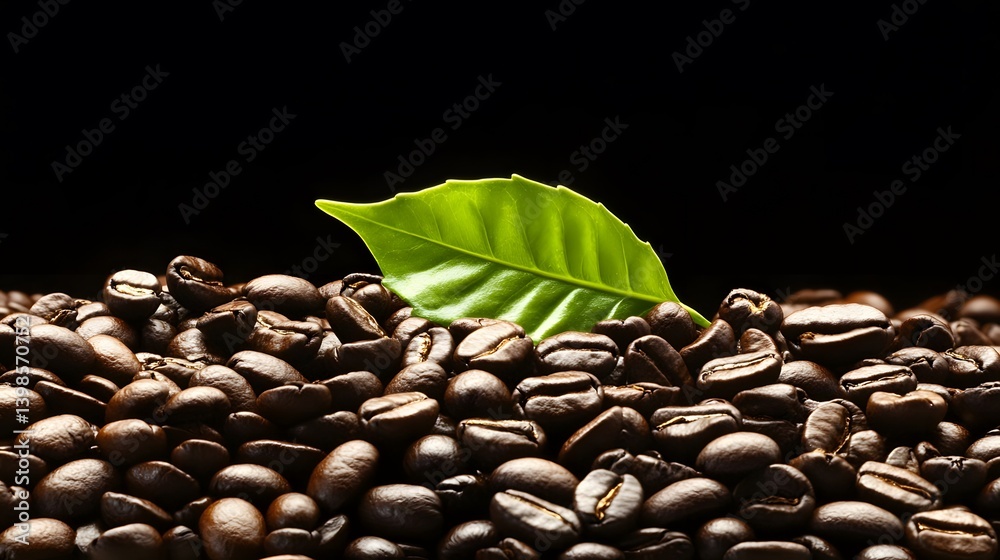 Obraz premium Fresh Roasted Coffee Beans with Green Leaf