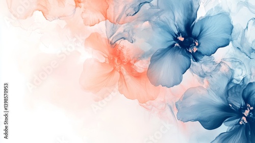 Abstract watercolor flowers in blue and peach on white background for elegant design banner