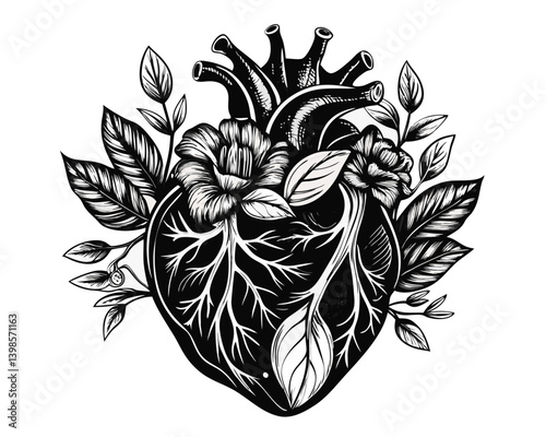 Anatomical heart with flowers and leaves in black and white detailed illustration style drawing art