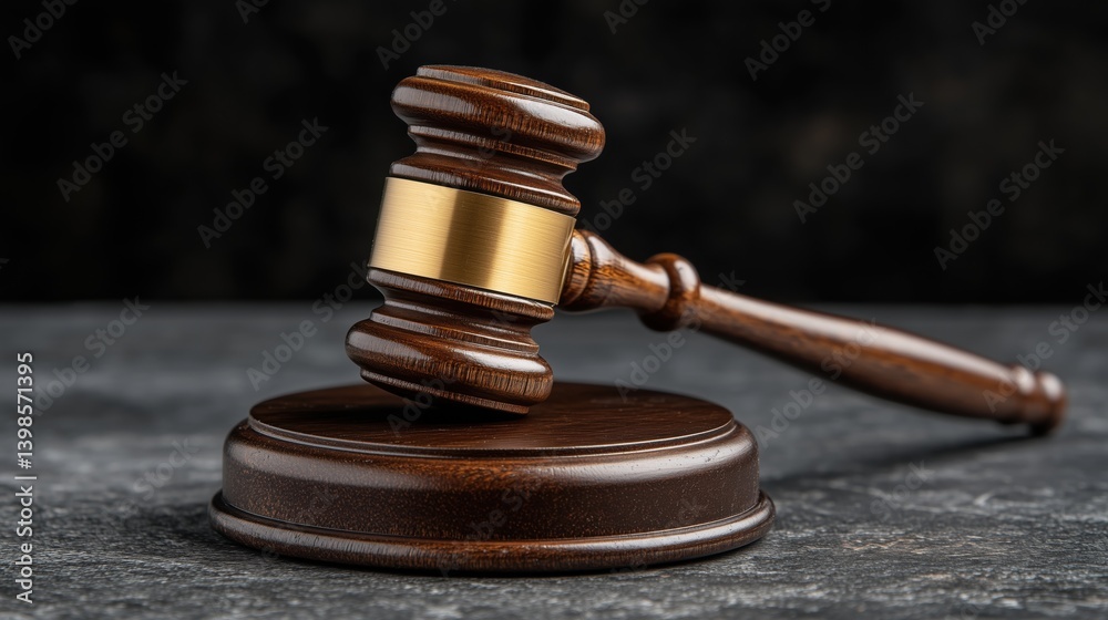 Gavel resting on a wooden block in a courtroom setting, symbolizing justice, law, legal proceedings, authority, and decision-making during a trial Gavel resting on a wooden block in a courtroom setting, symbolizing justice, law, legal proceedings, authority, and decision-making during a trial
