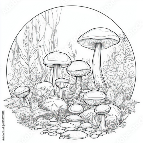 A magical fairy garden filled with flowers , coloring page for kids