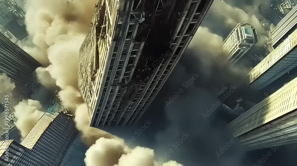 A towering skyscraper collapses dramatically amidst a cloud of dust and debris in an urban landscape