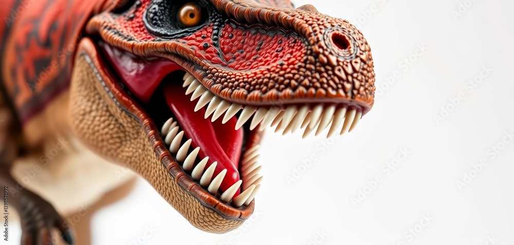 Obraz premium Ominous Tyrannosaurus Rex figurine close-up, sharp teeth, white background, scary, toy