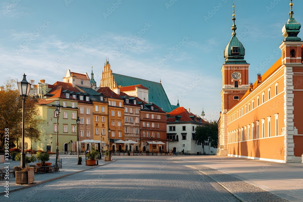 Fototapeta premium Warsaw Old Town Square: A picturesque cityscape of Warsaw, featuring historic buildings and the charm of Old Town under a vibrant blue sky.