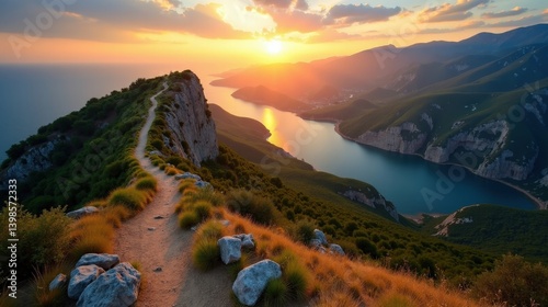 Scenic Schinias National Park in Greece at dawn, bathed in hot, sunny summer light, shot from above. photo