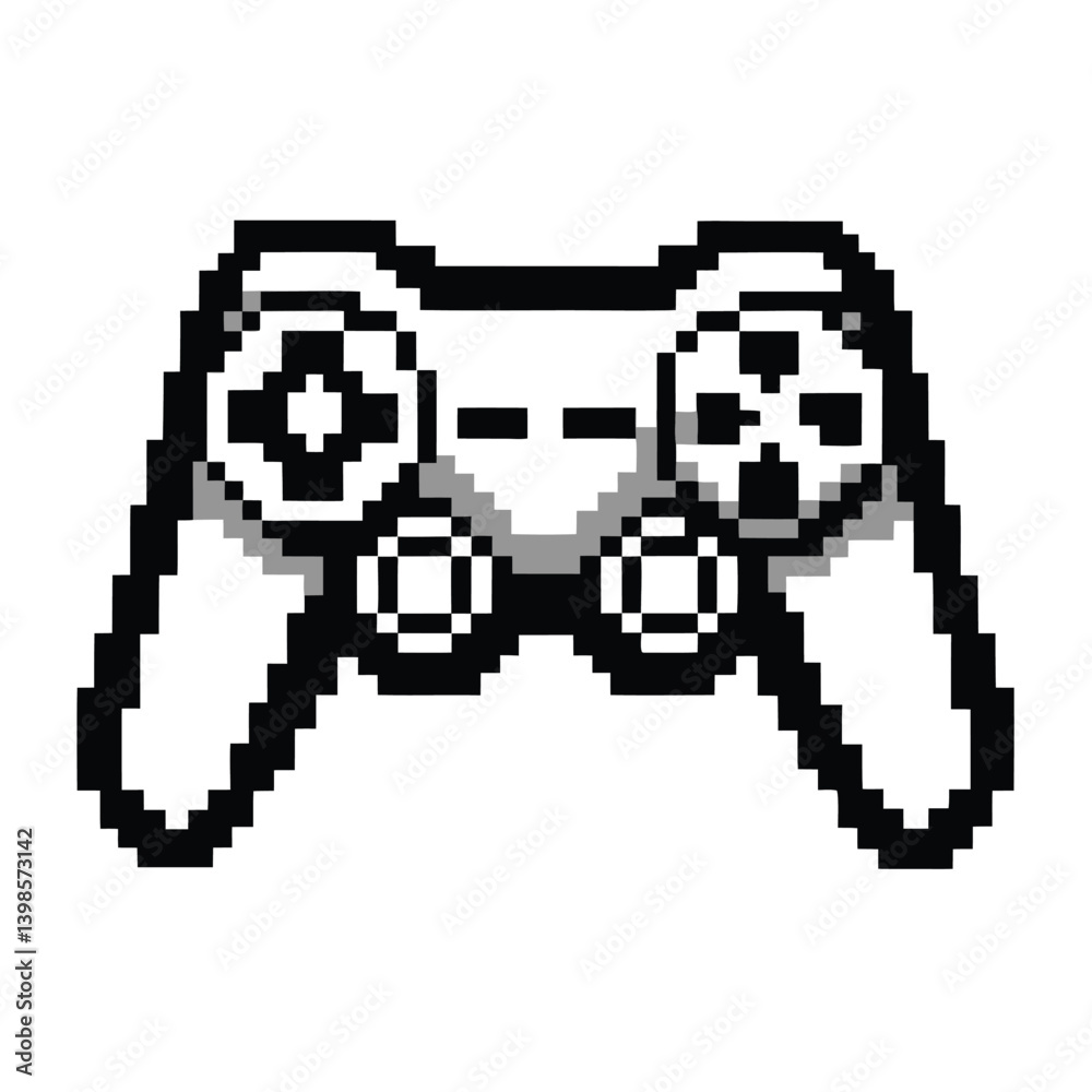 Fototapeta premium Pixelated Game Controller Design, Retro Style, 8 Bit, Black and White, Isolated Art