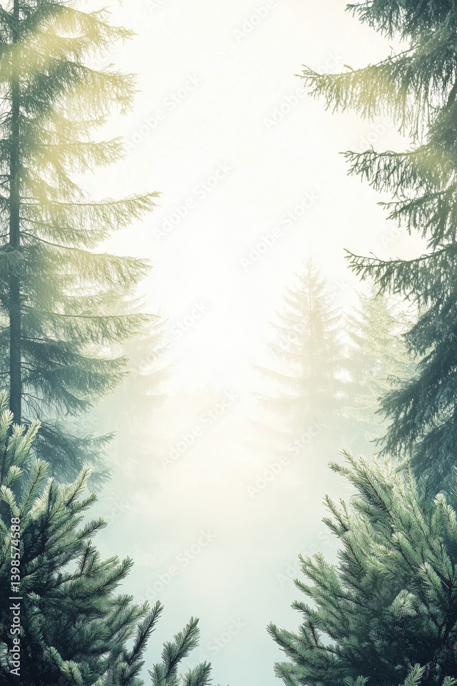 Obraz premium Nature-inspired frame with morning fog and tall woodland trees