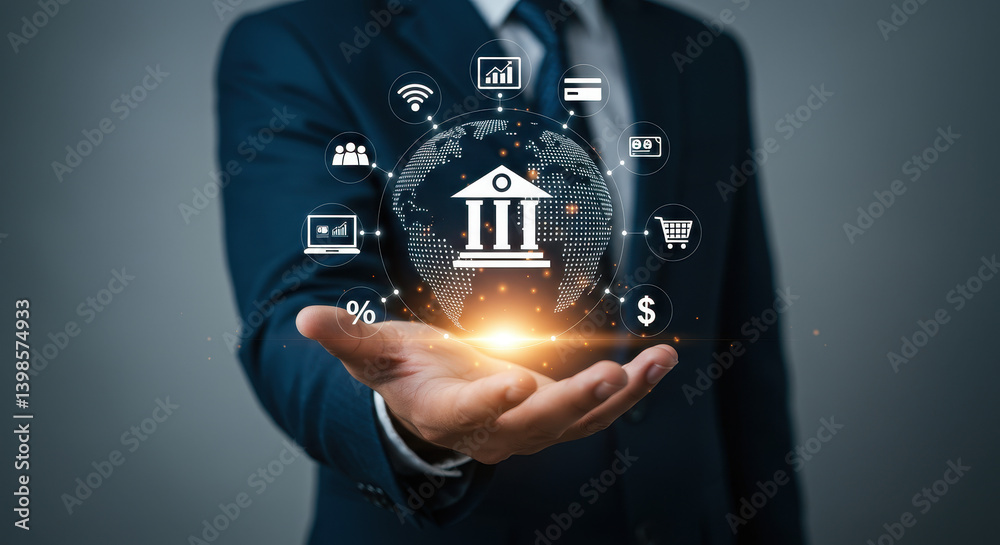 Fototapeta premium Global Banking Technology: Hand Holding World of Finance, Fintech, and Online Solutions for Secure Transactions & Digital Growth