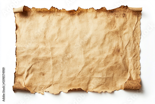 An ancient, weathered scroll hinting at forgotten tales and mysterious secrets, its parchment aged to a rich, creamy tan with burnished edges.
