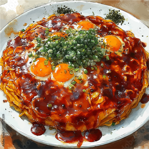 Okonomiyaki, watercolor illustration, isolated on a white background.

