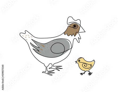 Hen and chicken line art drawing. Set of poultry, family. Animals and birds on the farm. Graphic design modern continuous line drawing