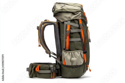 Close up view of a large hiking backpack with orange straps isolated on white background