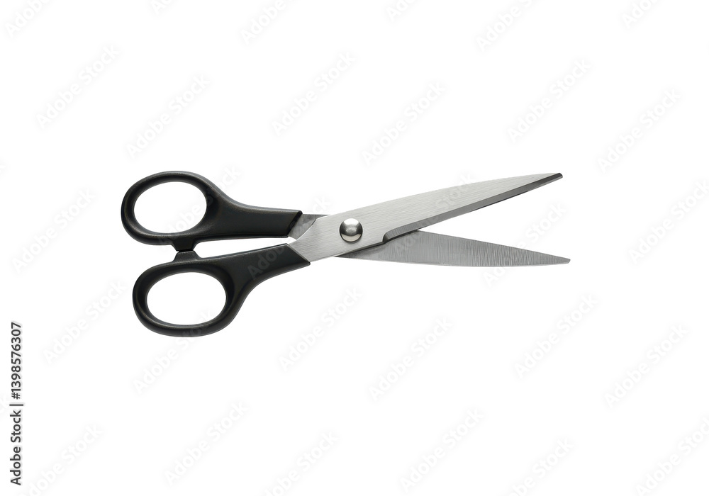 A floating kitchen scissors, horizontally aligned, on a solid white background A floating kitchen scissors, horizontally aligned, on a solid white background