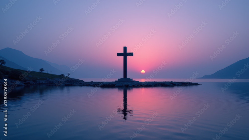 A serene scene with a cross at sunset on a tranquil body of water. A serene scene with a cross at sunset on a tranquil body of water.