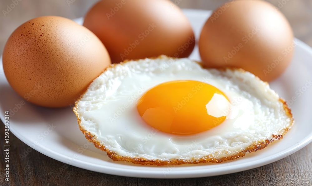 Brown eggs and fried egg on plate fresh and healthy food Brown eggs and fried egg on plate fresh and healthy food