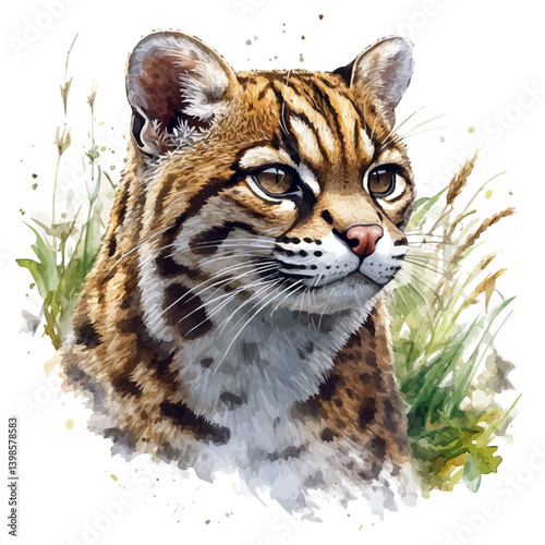 Ocelot, watercolor illustration, isolated on a white background.

