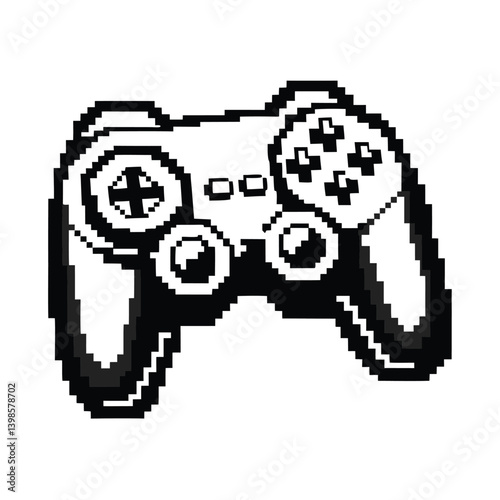 Retro Pixel Art Video Game Controller, Black & White Isometric Illustration, 8 Bit Design