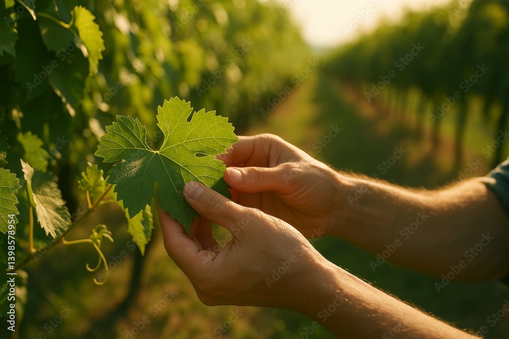 Hands Inspecting Grape Leaves in Vineyard During Golden Hour