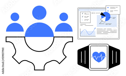 Three figures atop a gear, a data analysis dashboard with charts, and a smartwatch with a heart icon. Ideal for technology, teamwork, health, analytics, innovation, productivity simple landing page