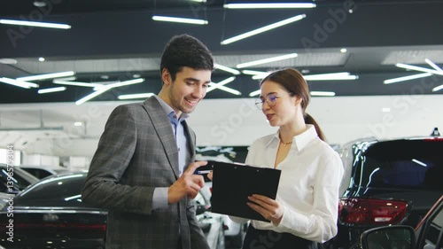 Sales representative discussing vehicle options with a customer in a car dealership during daytime