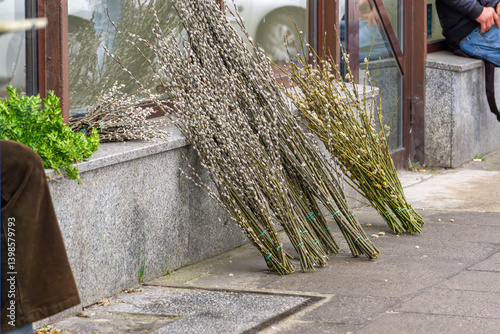 bunches of catkins (willow twigs) laid out on the sidewalk in the run-up to Easter. sale.