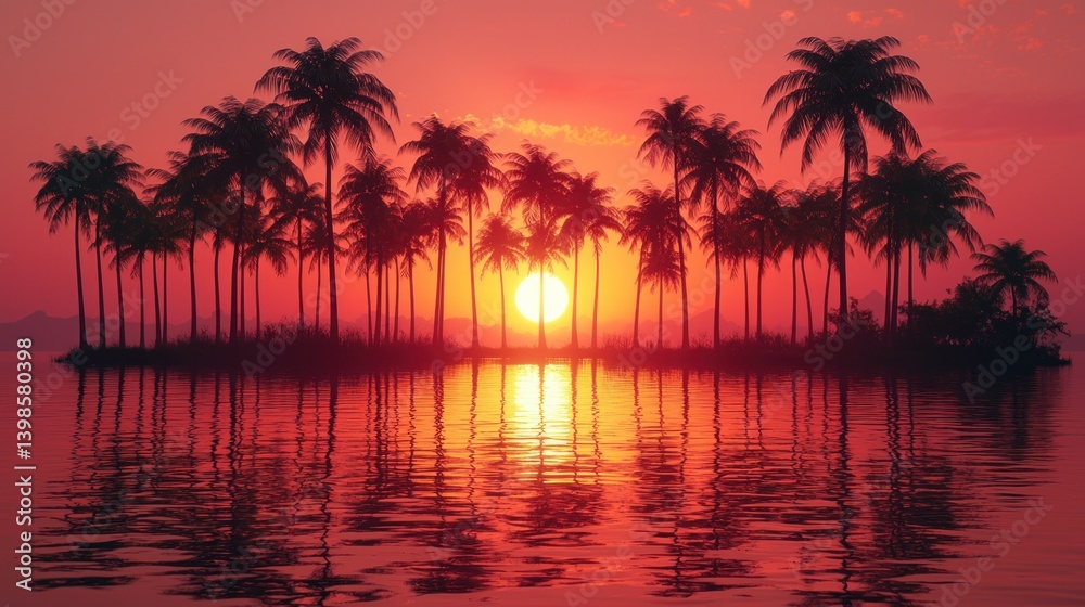 Fototapeta premium Sunset Paradise: Palm Trees Silhouetted Against a Vibrant Red Sky