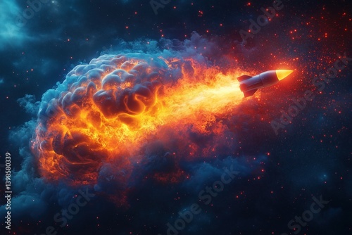 Futuristic rocket blasting through space, leaving a fiery trail in a colorful nebula. Ideal for sci-fi, space, or tech visuals.
