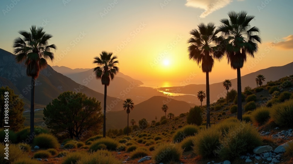 Obraz premium Lush Palm Forest of Vai in Greece at dawn, bathed in the heat of a sunny summer morning, seen from a panoramic angle.