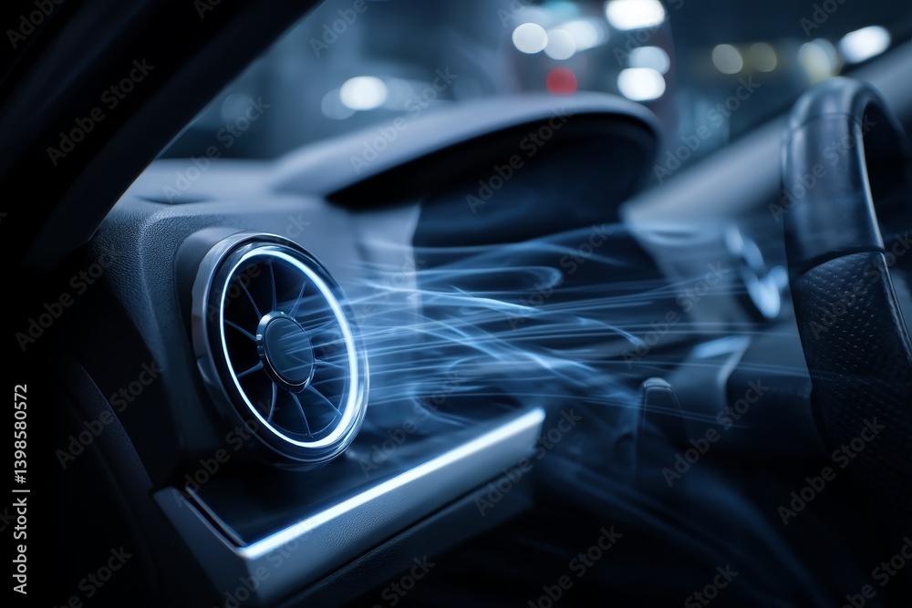 Abstract blue airflow visualization inside a car with electric fan for vehicle cooling and cleaning