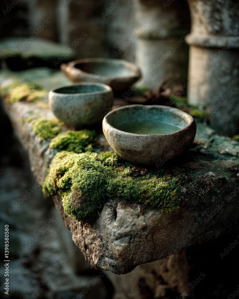 Close-up of handmade ceramic cups with green tea on mossy stone table in soft light perfect for product backgrounds and rustic drink branding Close-up of handmade ceramic cups with green tea on mossy stone table in soft light perfect for product backgrounds and rustic drink branding