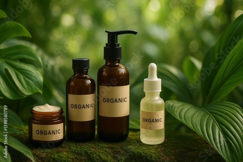 Natural Organic Skincare Products Displayed on a Mossy Surface in a Lush Gree...