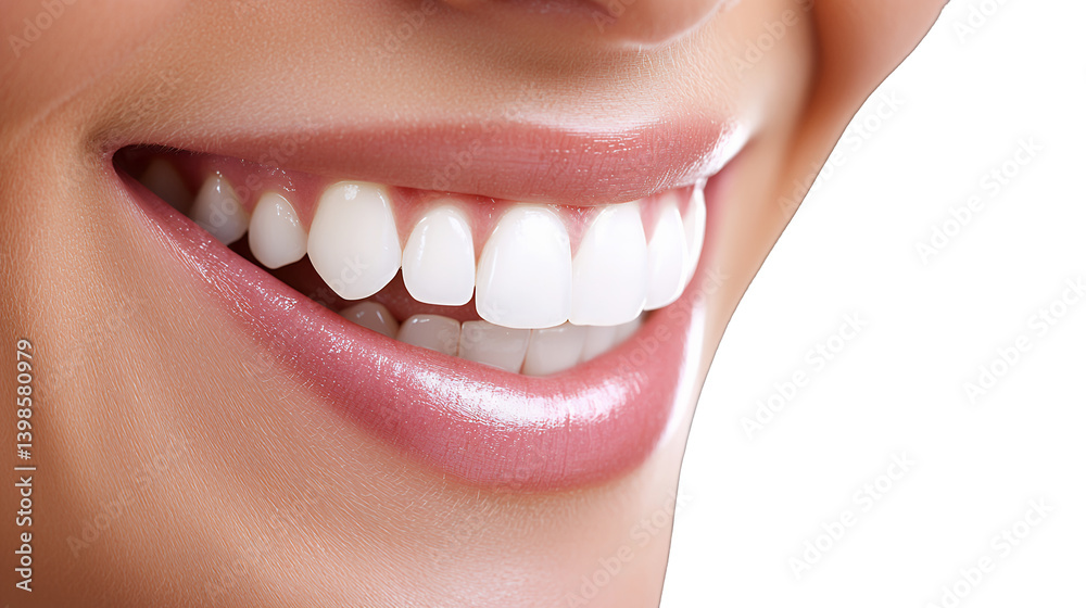 Obraz premium close - up of a young woman smiling with white teeth on a transparent background, PNG image, PNG file, Generative art.