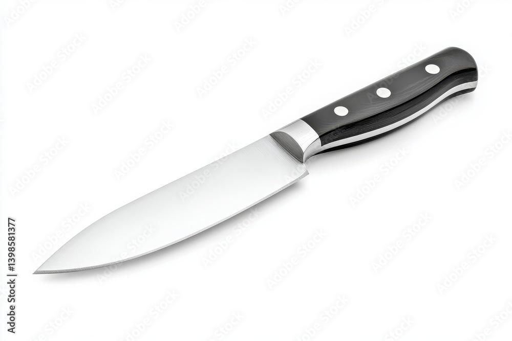 Sleek stainless steel kitchen knife with black handle on white background. Sleek stainless steel kitchen knife with black handle on white background.