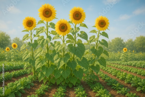 Sunflowers Stand Tall Over a Vibrant Green Field in Midday Sun Near a Rustic ...