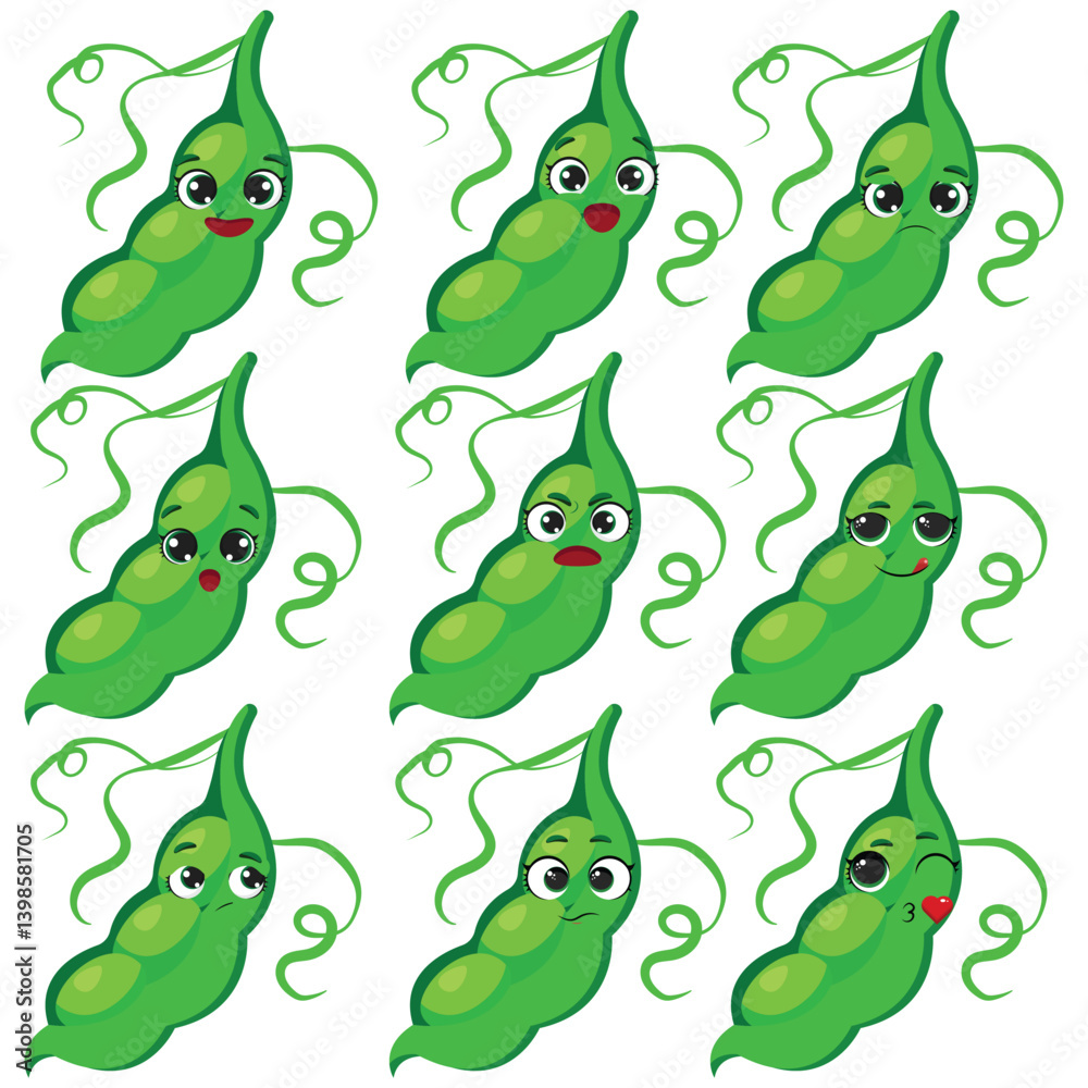 Obraz premium Pea character face emotion set