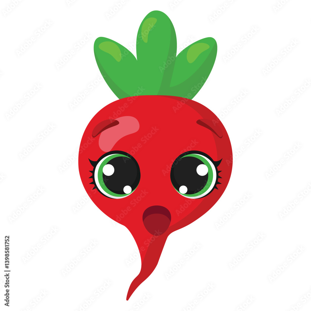 Obraz premium Surprised red radish with big shiny eyes and green leaves Fun vegetable character for healthy food illustrations, kids' projects, or agricultural visuals