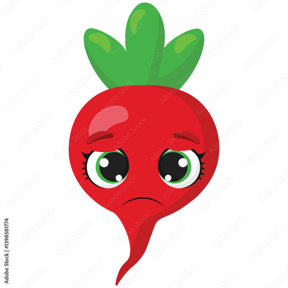 Obraz premium Sad red radish with green leaves and teary eyes Perfect for designs related to emotions, gardening, organic food, or educational visual content