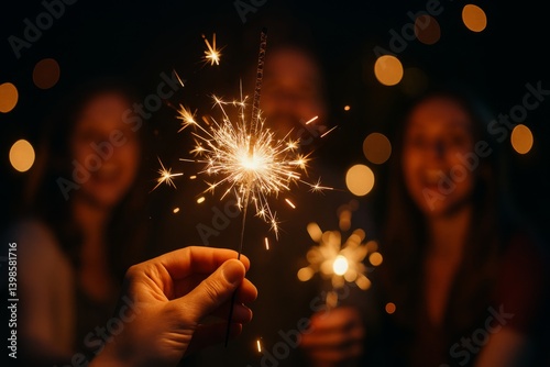 Friends Celebrating With Sparklers During a Nighttime Gathering at a Cozy Out...