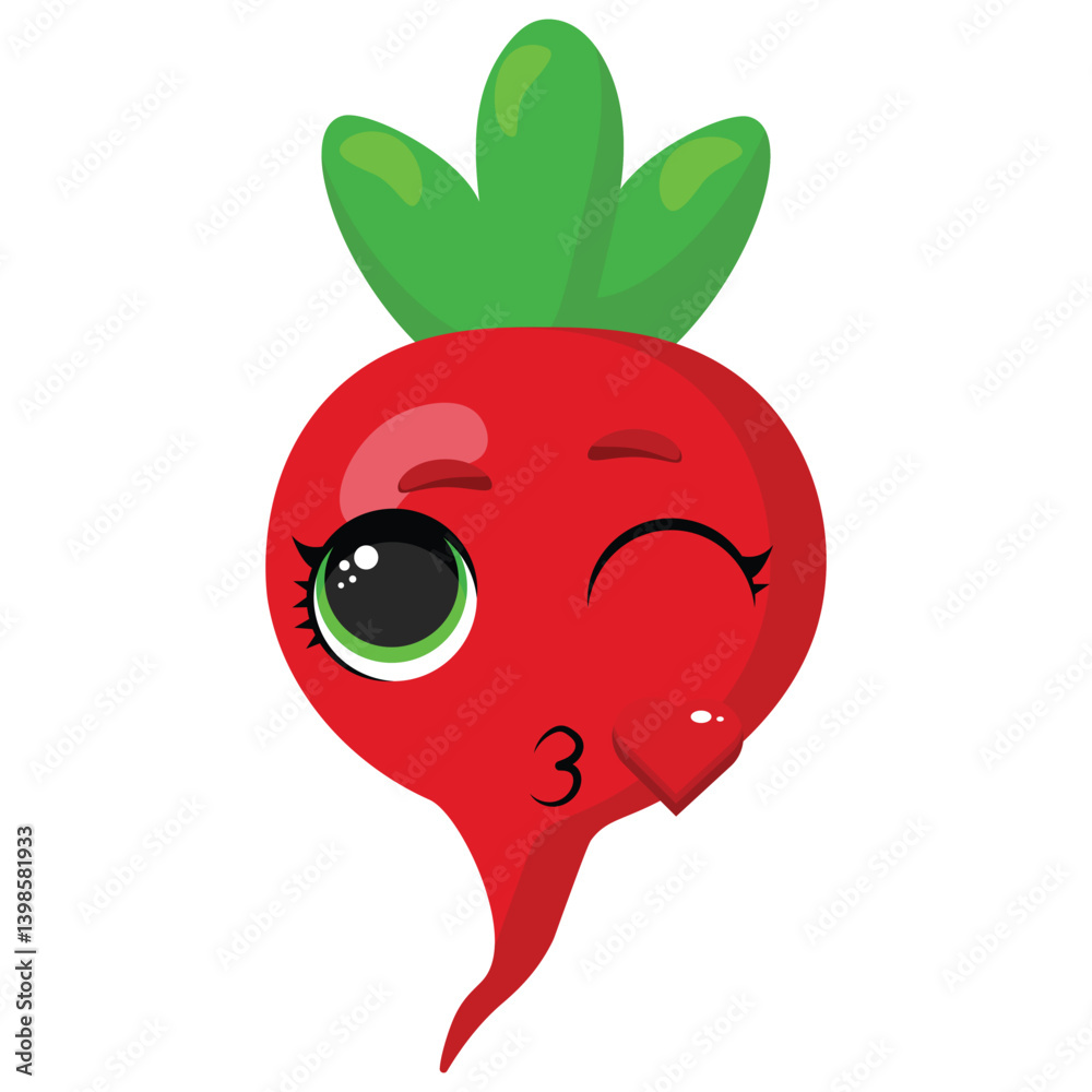 Fototapeta premium Bright flat illustration of red radish with expressive face and wink Perfect for healthy food designs, packaging, print products, and educational materials