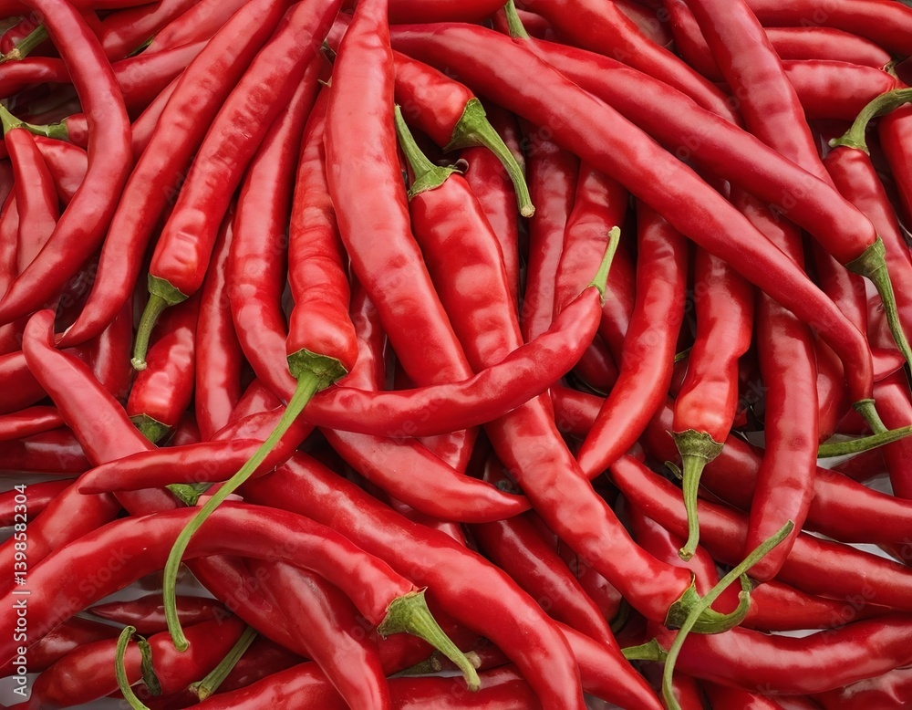 A vibrant display of fresh red chili peppers stacked together. A vibrant display of fresh red chili peppers stacked together.